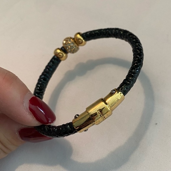 HENRI BENDEL Black Sparkly Leather Bracelet Gold Crystal Bead R $148 - Picture 4 of 6